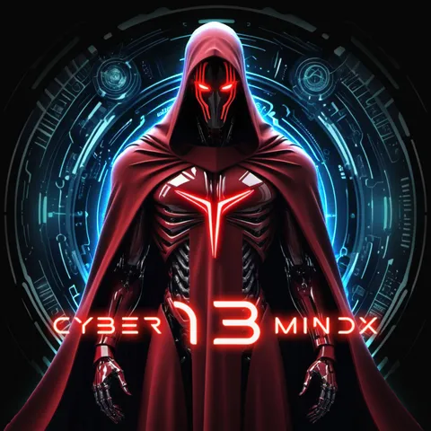 Cyber13Mindx: a hooded red cyborg in front of a glowing cyan circuit ring