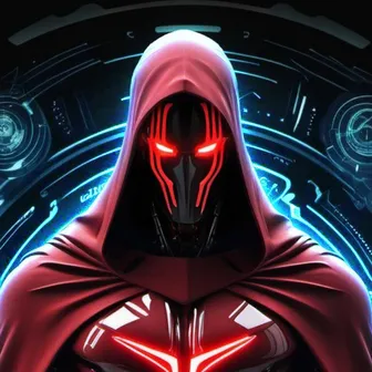 Cyber13Mindx avatar: a hooded red cyborg with glowing eyes